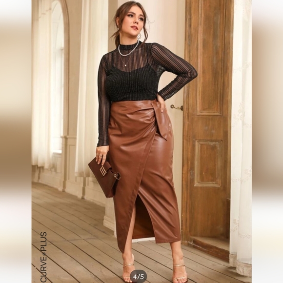 Shein Plus Dresses & Skirts - Faux Leather Long Brown Wrap Skirt